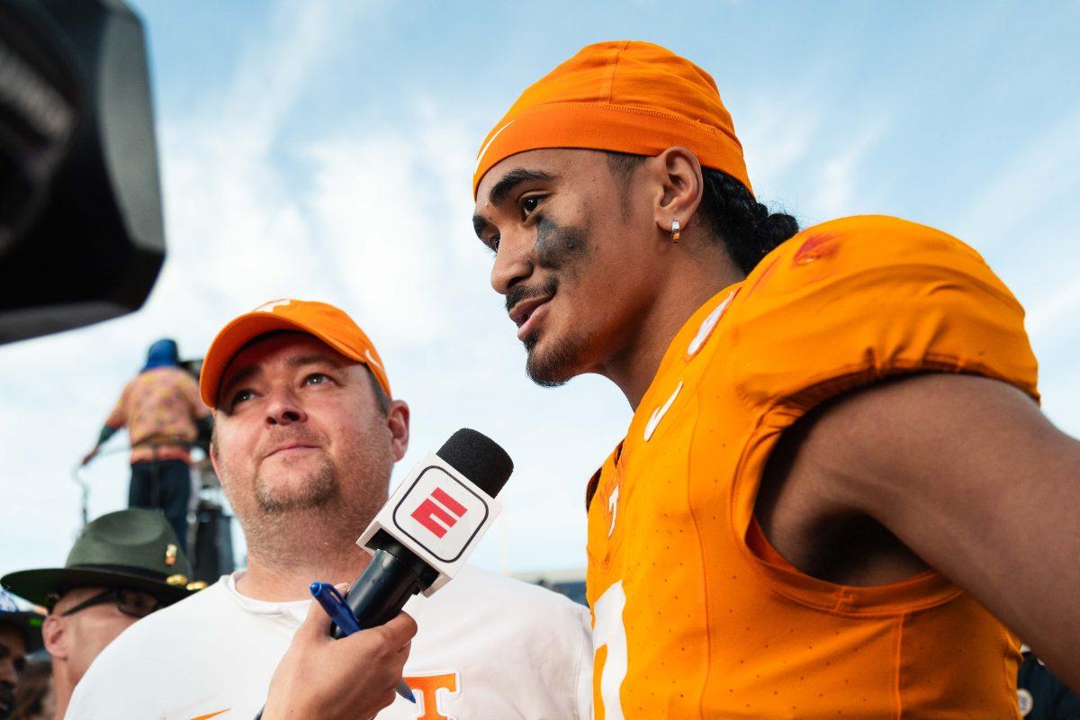 Josh Heupel and Nico Iamaleava are interviewed after a Citrus Bowl victory in Camping World Stadium. Monday, Jan. 1, 2024. 