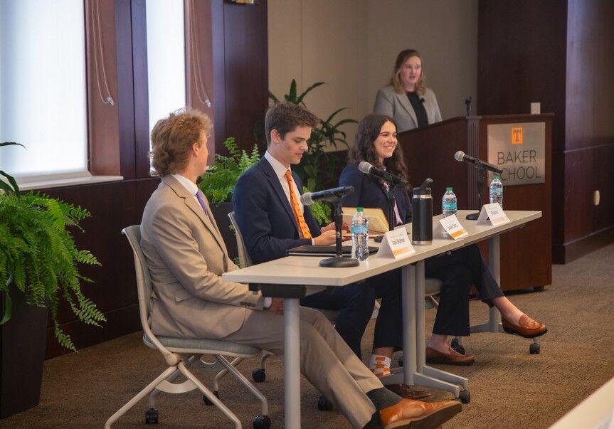 Student Government Association vice presidential candidates Jack Blumer (left), Jaxson Berg (middle) and Ella Blair (right) at the SGA candidate debate. Monday, March 31, 2025. 