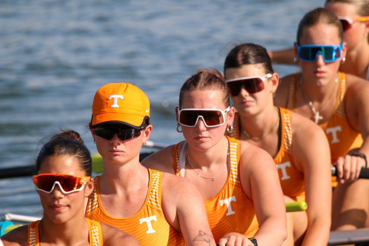 From left to right: Channing Taner, Jamie Harris, Stella Mirkovic, Hannah Richardson and Abby Fowler moments before their race began during Rocky Top Invite at Melton Hill Lake. Friday, April 4, 2025.
