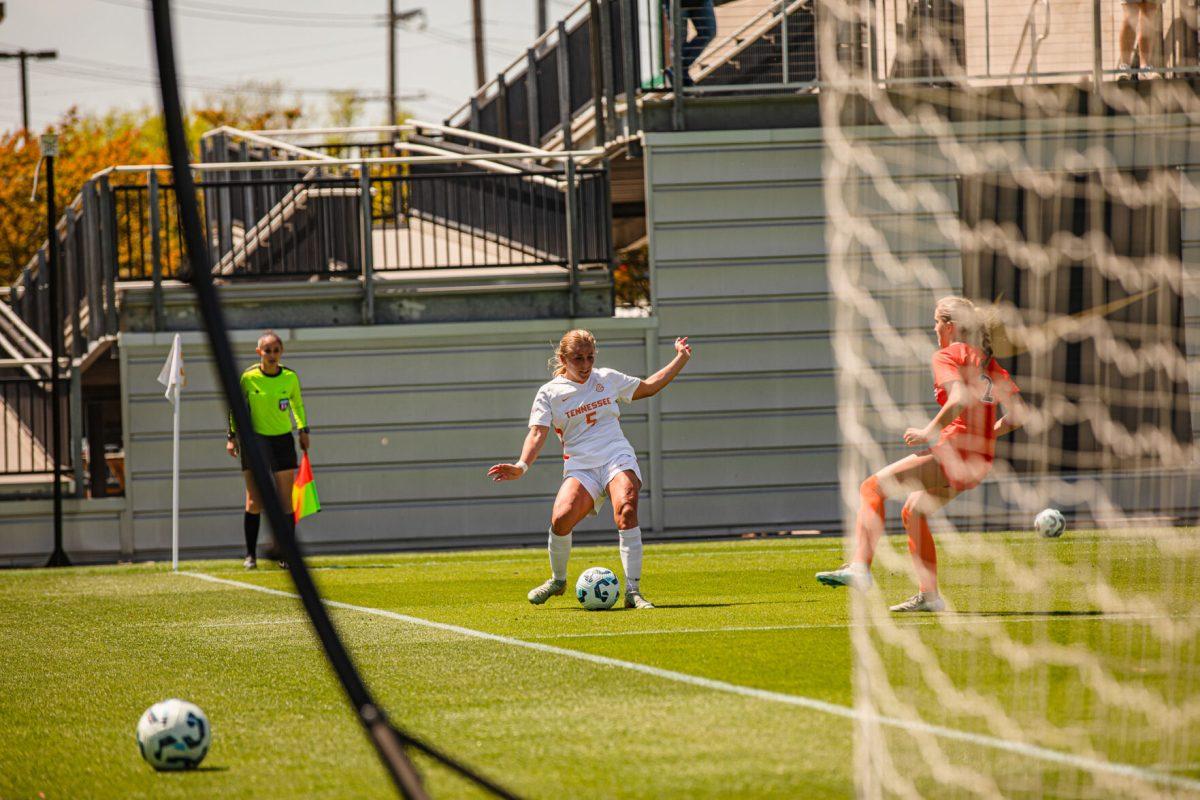 Jenna Stayart (5) finds a teammate in position to score during a spring matchup against Virginia Tech at Regal Stadium. Sunday, April 13, 2025.