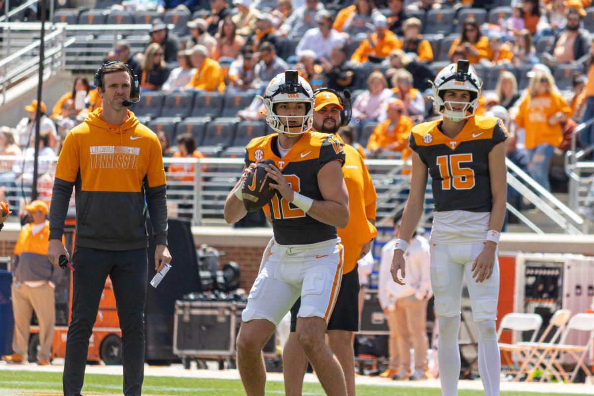 Jake Merklinger (12) during warmups at the Orange &amp; White game at Neyland Stadium. Saturday, April 12, 2025.