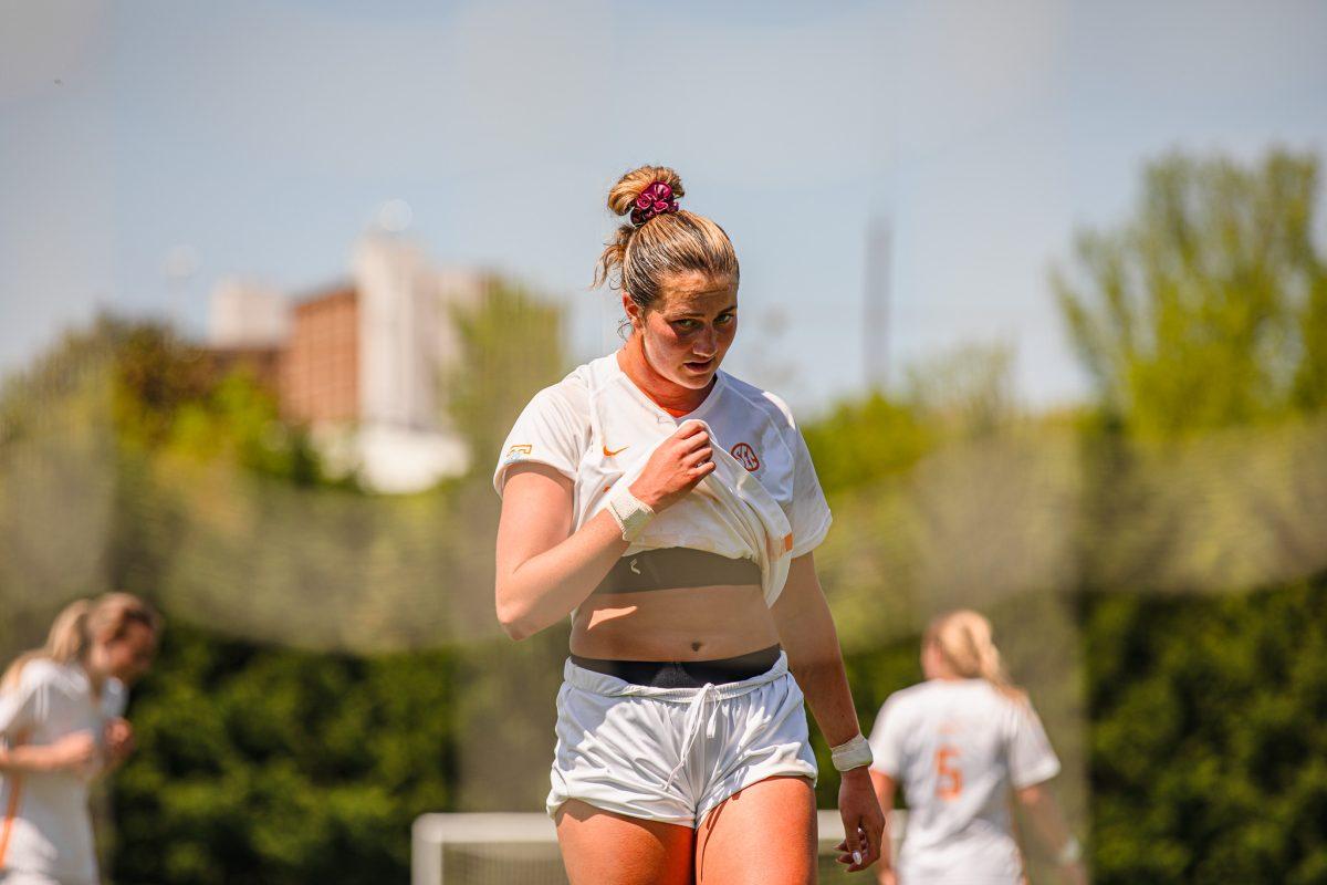 Sarah Kate Rath (26) positioning herself in the penalty box before a corner kick during a spring matchup against Virginia Tech at Regal Stadium. Sunday, April 13, 2025.