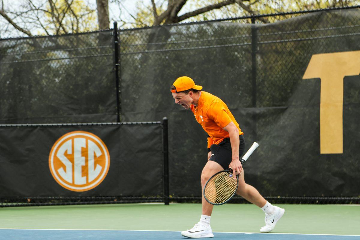 Alejandro Moreno shouts after winning a point against Vanderbilt at Barksdale Stadium. Saturday, Mar. 29, 2025.