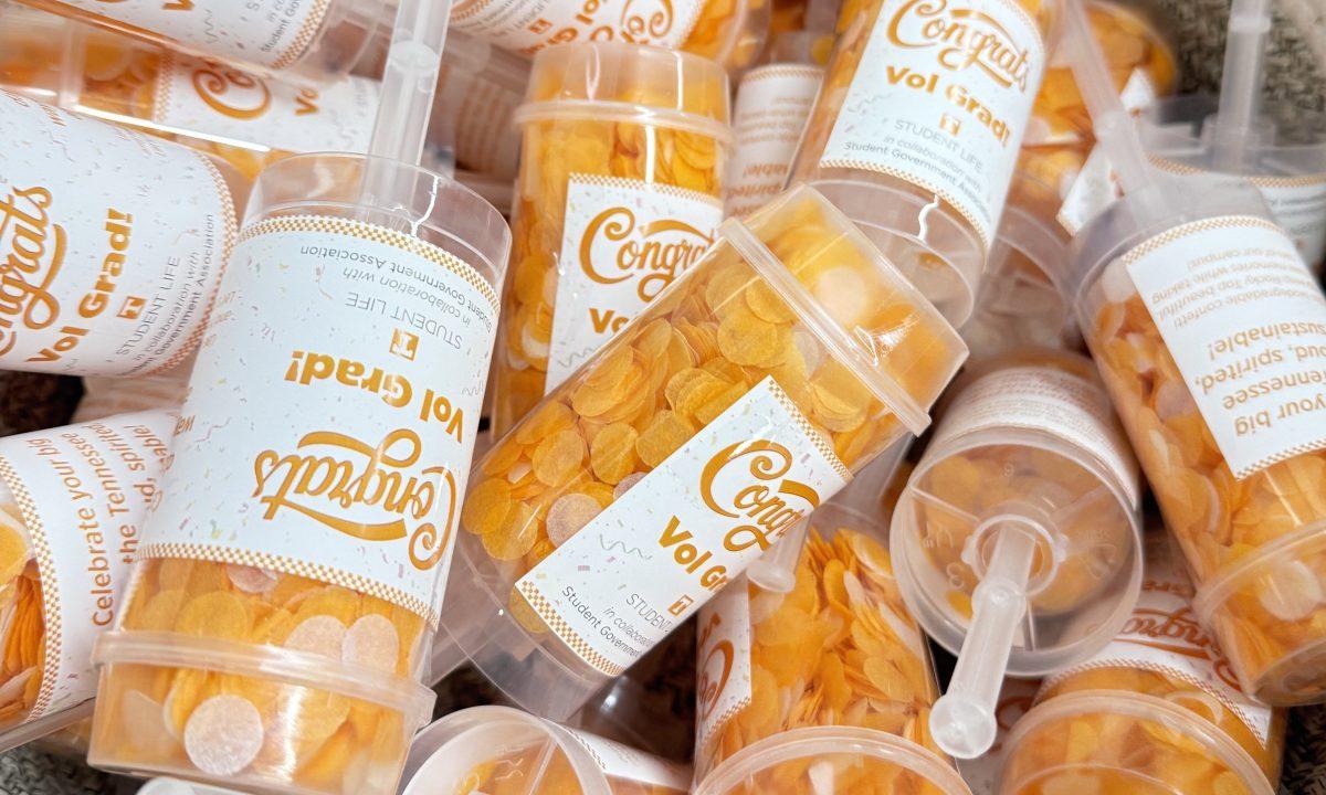 Sustainable confetti brought to UT by The Student Government Association is available to all graduating seniors. Thursday, April 10, 2025.