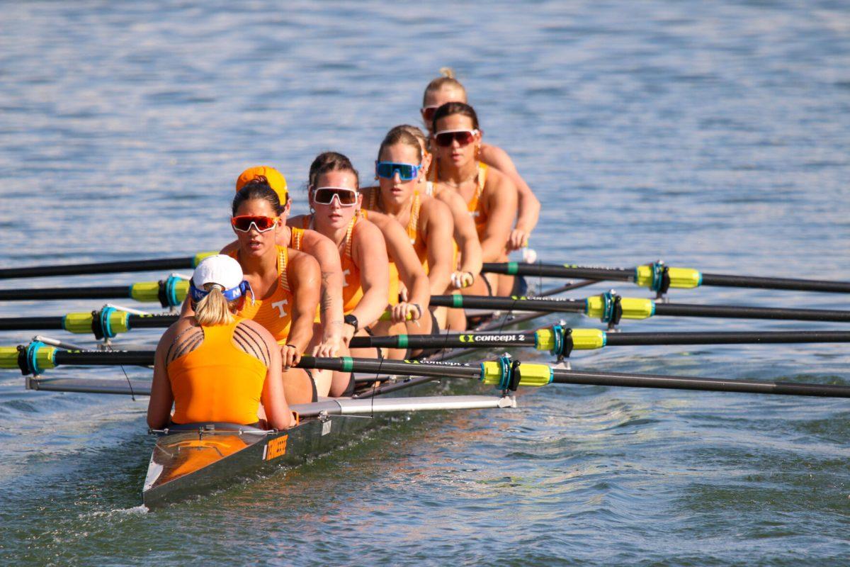 Tennessee's 2V8 in the first few strokes of their race during Rocky Top Invite at Melton Hill Lake. Friday, April 4, 2025.