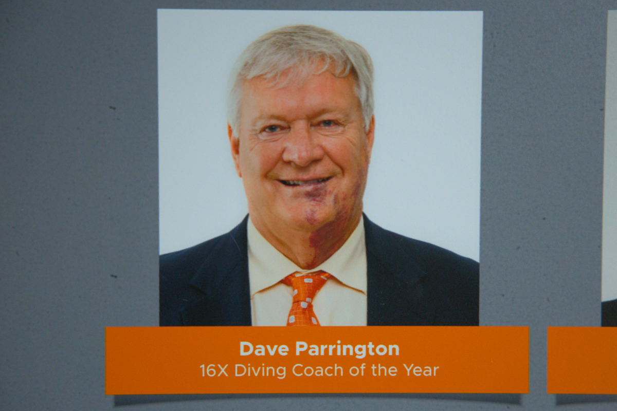 Tennessee diving coach Dave Parrington on a placard in the Allan Jones Aquatic Center. The 16-time Diving Coach of the Year award-winner announced his retirement on April 10, 2025.