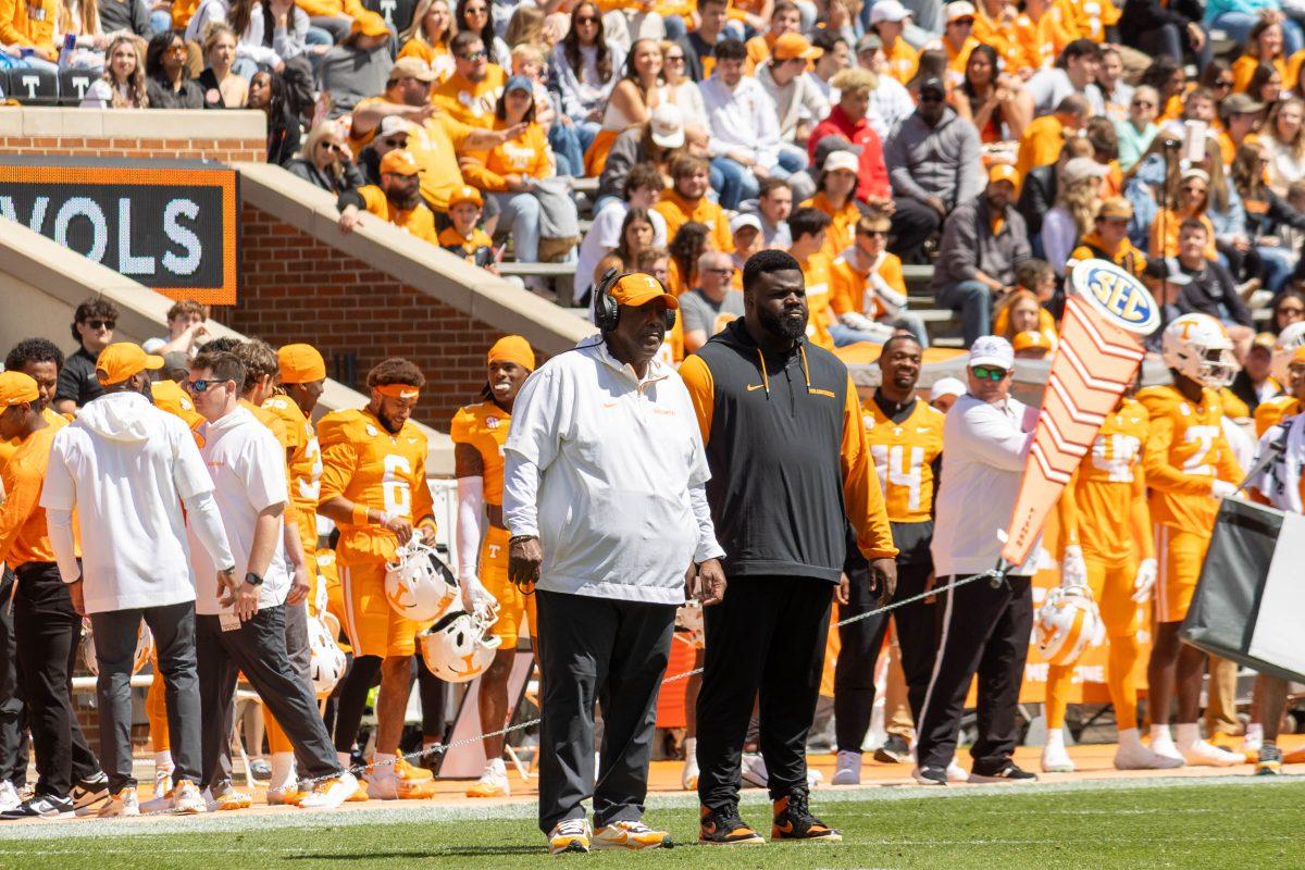 Coach Rodney Garner during the Orange and White Game at Leyland Stadium. Saturday, April 12, 2025.