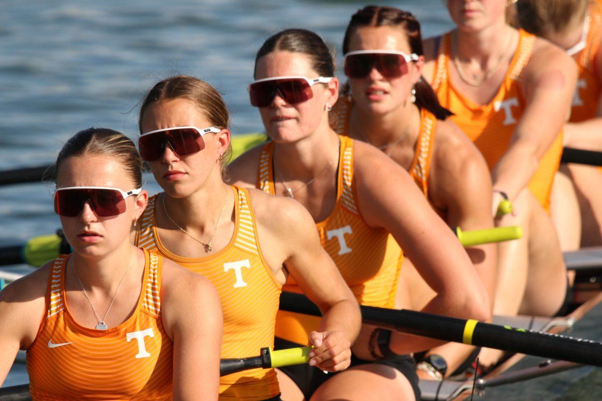 From left to right: Alex Pidgeon, Maylie Valiquette, Alice Fahey, and Riley Ferdelman moments before they begin their race during Rocky Top Invite on Melton Hill Lake. Friday, April 4, 2025.