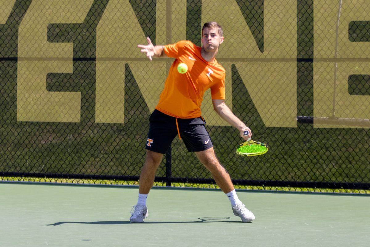 Ian Cruz volleys during a match against Texas at Barksdale Stadium. Sunday, April 13, 2025.