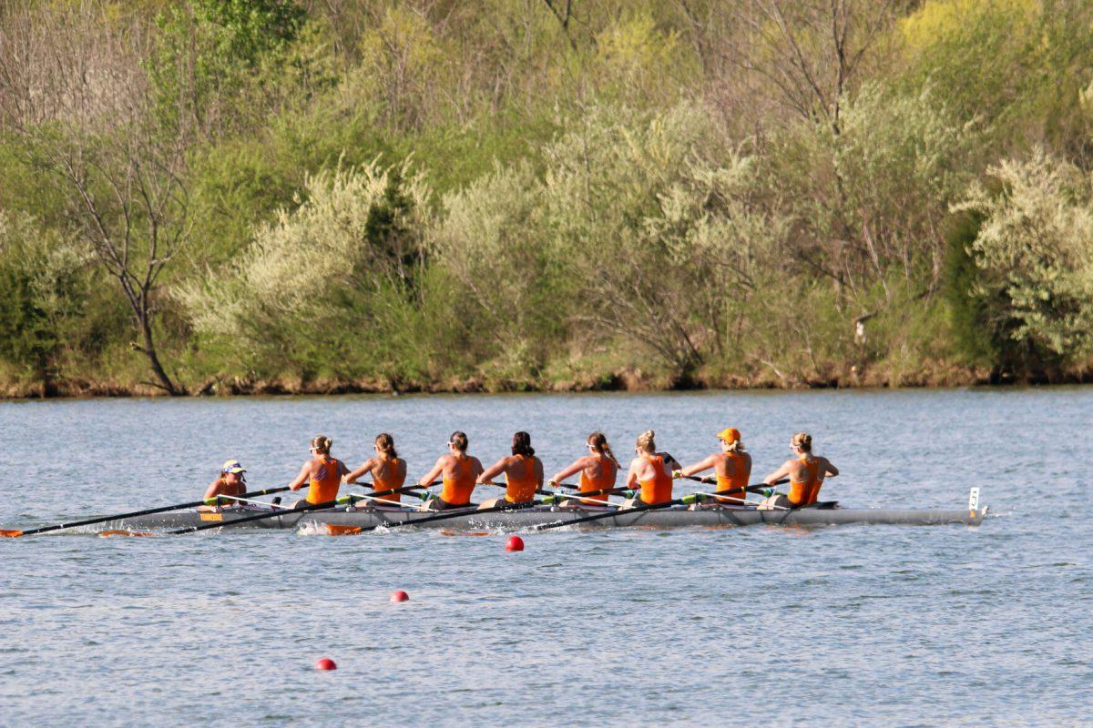 Patricia Menendez coxswaining Tennessee's top boat during Rocky Top Invite at Melton Hill Lake. Friday, April 4, 2025.