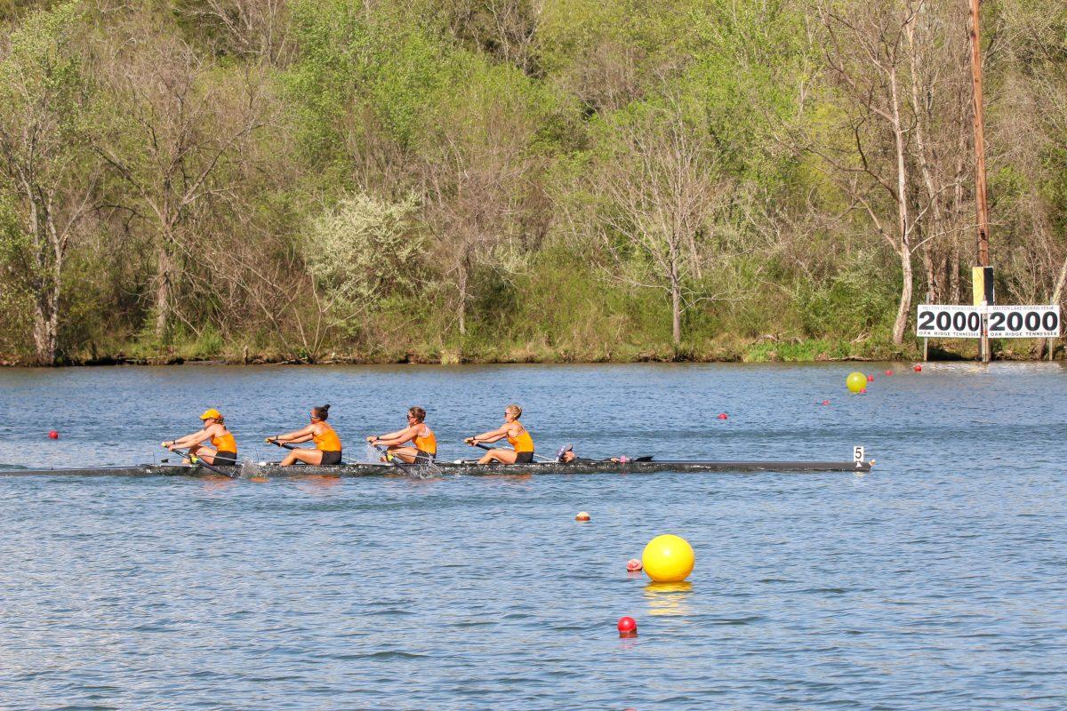 Tennessee's 2V4 crossing the 2000 meter finish line first in their race during Rocky Top Invite at Melton Hill Lake. Friday, April 4, 2025.