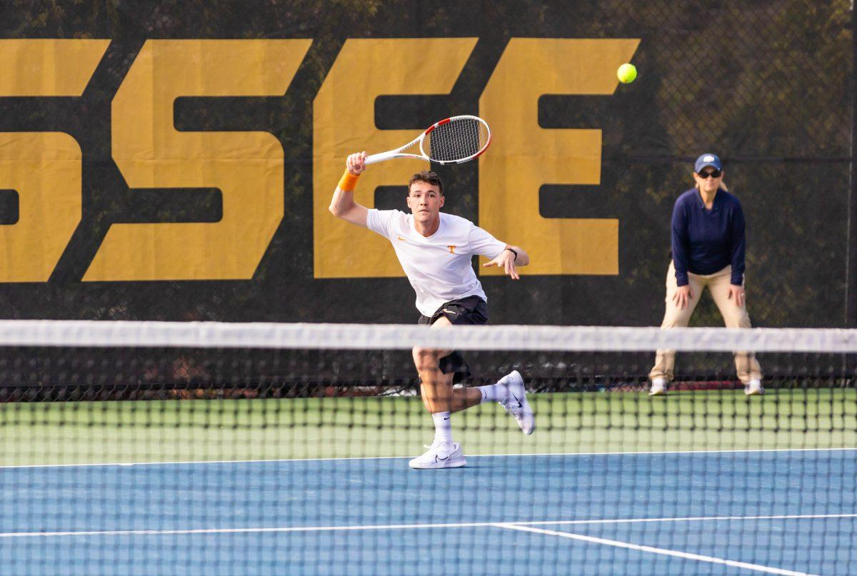Jan Kobierski returns the ball to Ole Miss at Barksdale Tennis Stadium. Thursday, March 13, 2025.