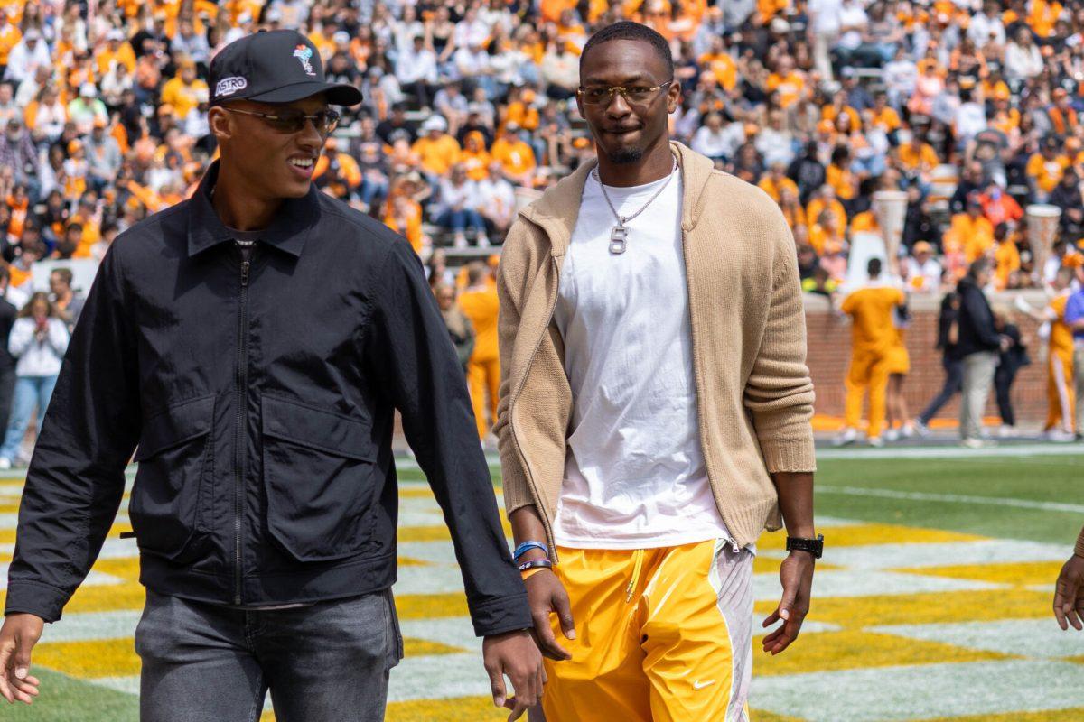 VFL's Josh Dobbs and Hendon Hooker during the Orange and White Game at Leyland Stadium. Saturday, April 12, 2025.