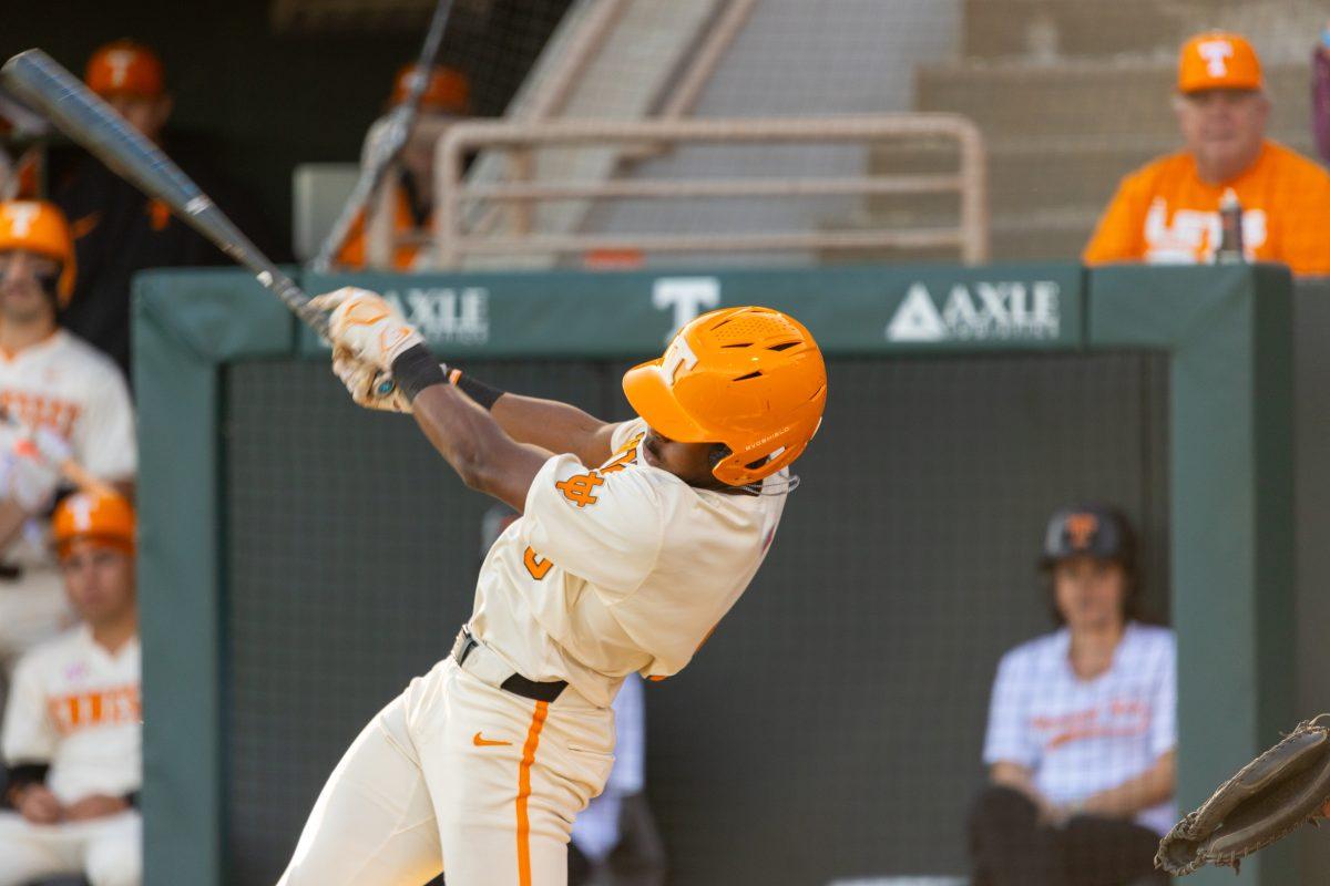 Jay Abernathy (8) bats against Bellarmine at Lindsey Nelson Stadium. Tuesday, April 15, 2025.