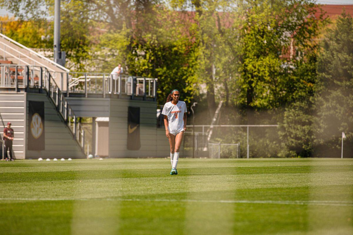 Anaiyah Robinson (9) gazes down the field during a spring matchup against Virginia Tech at Regal Stadium. Sunday, April 13, 2025.