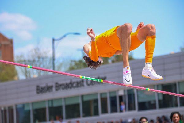 Grant Campbell clearing the bar during the mens high-jump final at Tom Black Track At LaPorte Stadium. Saturday, April 5, 2025.
