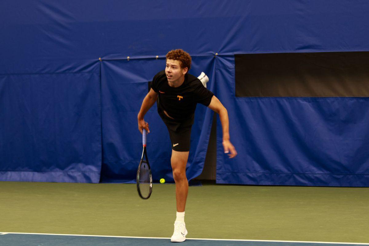 Lance Nisbet serves against Alabama State at Goodfriend Tennis Center. Saturday, May 3, 2025