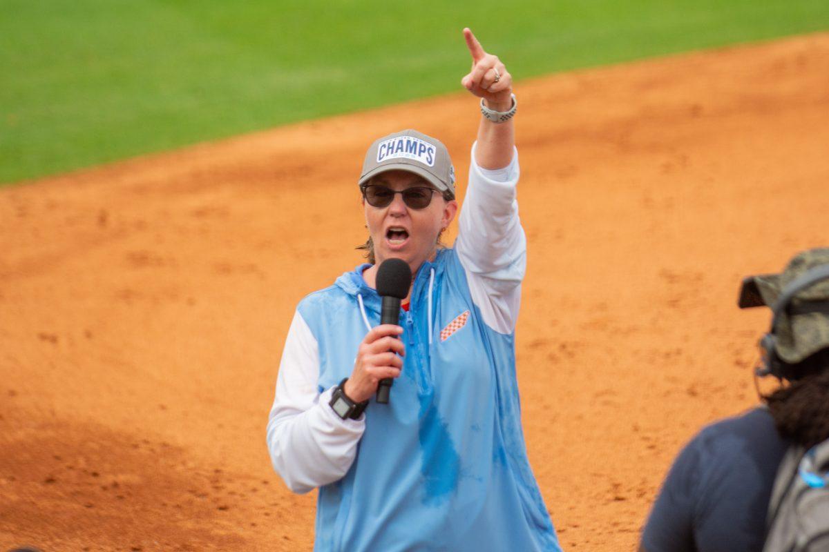 Tennessee softball head coach Karen Weekly addresses the crowd following the Lady Vols' NCAA Super Regional series victory over Nebraska at Sherri Parker Lee Stadium. Sunday, May 25, 2025.