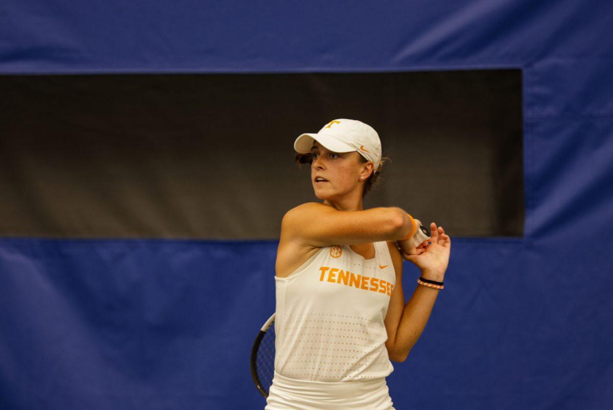 Maeve Thornton hits a backhand against Elon at Goodfriend Tennis Center. Friday, May 2, 2025