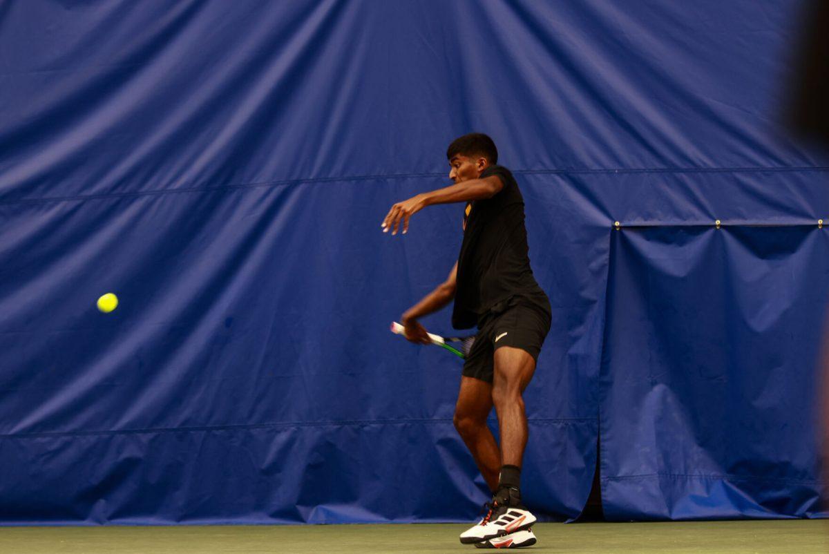 Alan Jesudason hits a forehand against Alabama State at Goodfriend Tennis Center. Saturday, May 3, 2025