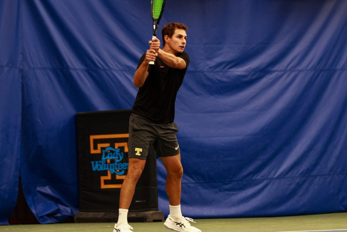 Alex Kotzen hits a backhand against Alabama State at Goodfriend Tennis Center. Saturday, May 3, 2025