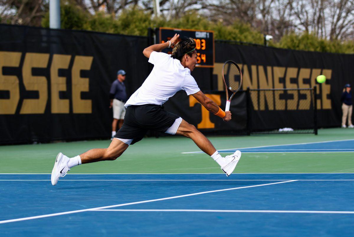 Shunsuke Mitsui hits a volley against Ole Miss at Barksdale Stadium. Thursday, March 13, 2025.