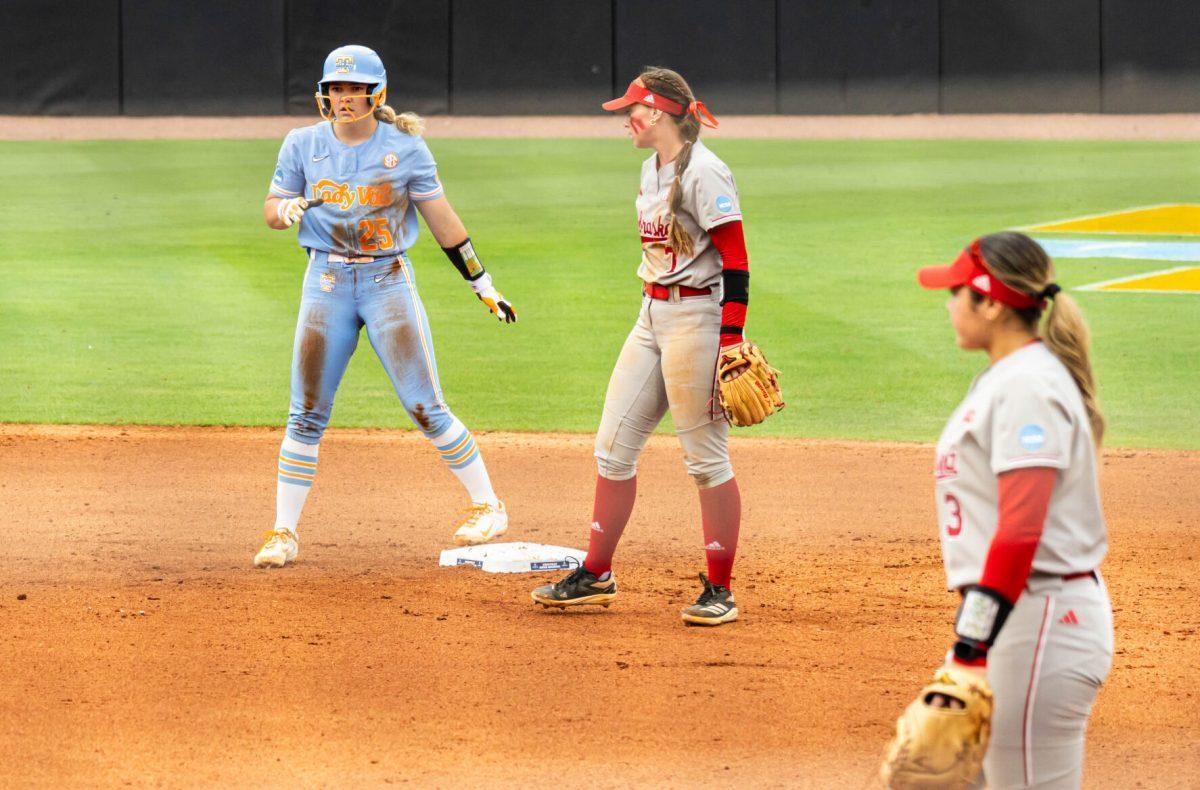 Ella Dodge (25) prepares to run during the Super Regionals game against Nebraska in Sherri Parker Lee Stadium. Saturday, May 24, 2025.