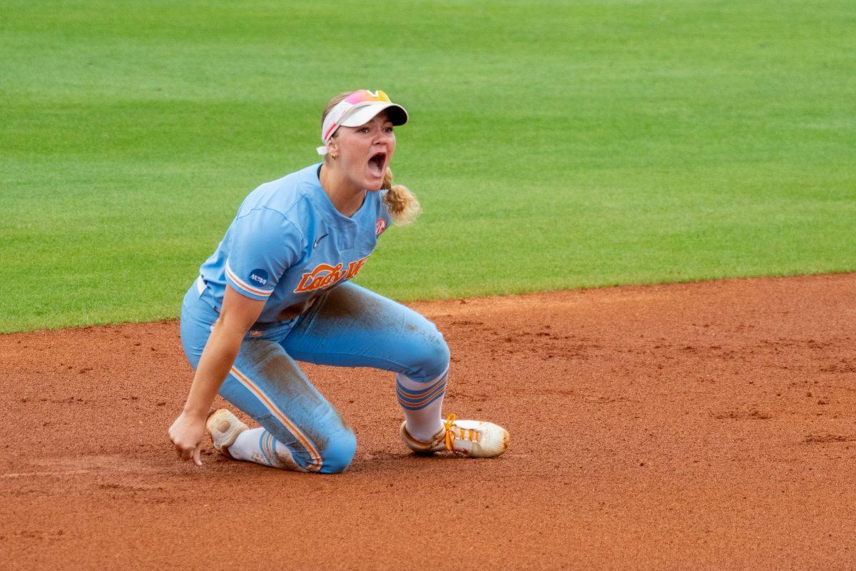 Ella Dodge (25) celebrates after making an out during an NCAA Super Regional game against Nebraska at Sherri Parker Lee Stadium. Sunday, May 25, 2025.