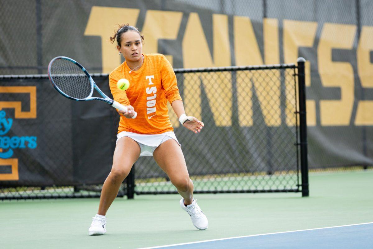 Leyla Risso returns the ball during a doubles match against South Carolina at Barksdale Stadium. Friday, March 7, 2025.