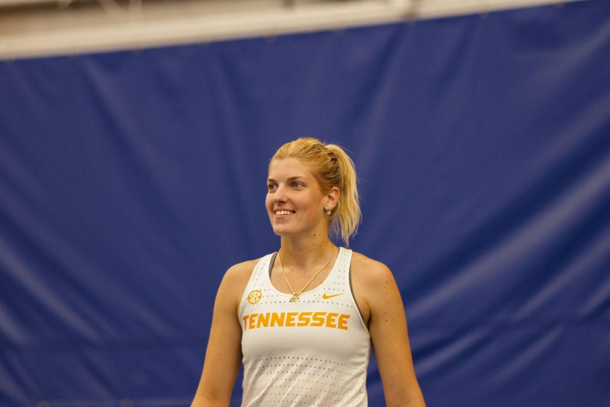Elza Tomase smiles after winning a point against Elon at Goodfriend Tennis Center. Friday, May 2, 2025