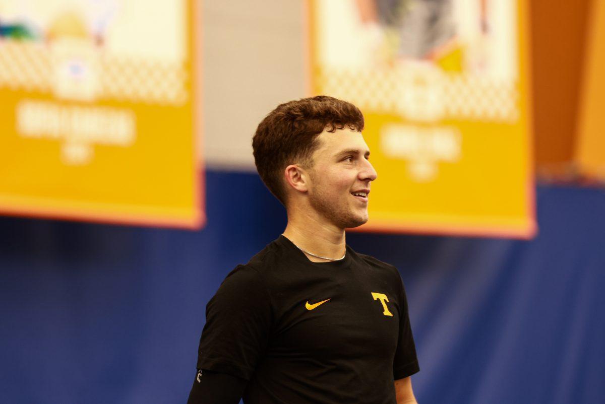 Alejandro Moreno smiles in between points during the match against Alabama State at Goodfriend Tennis Center. Saturday, May 3, 2025