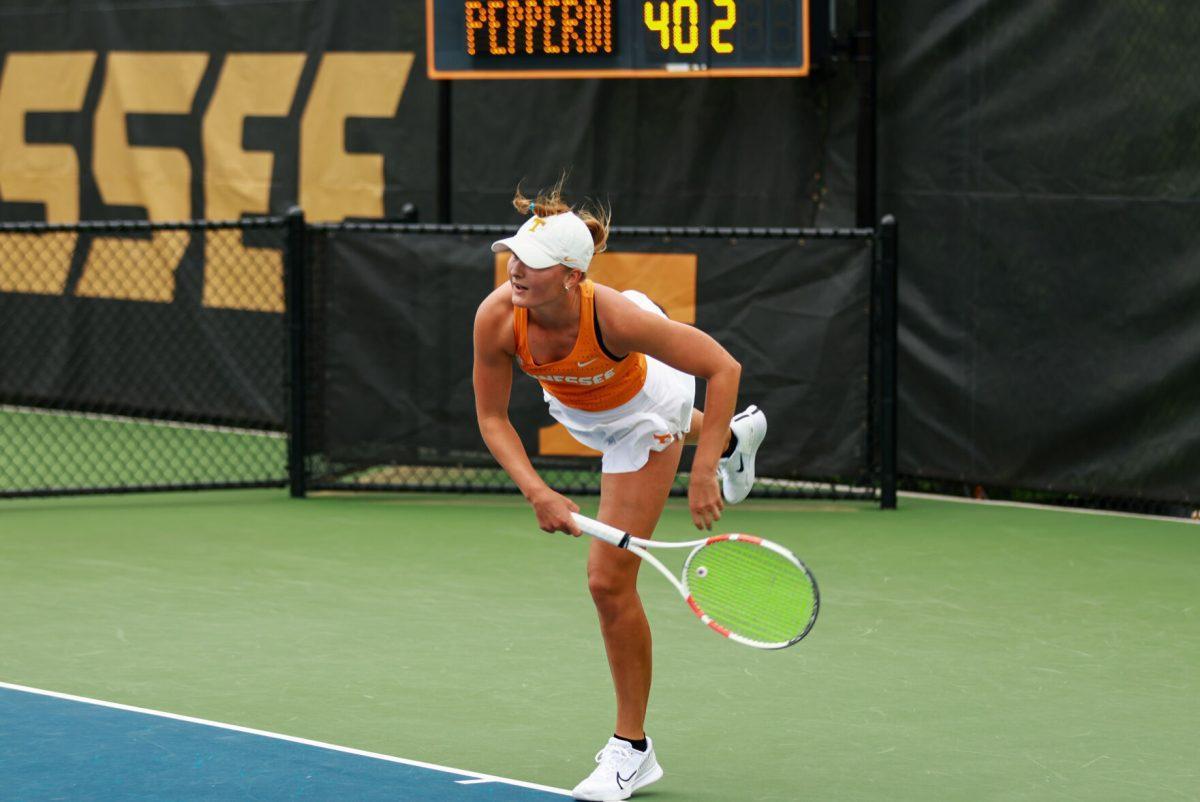 Saray Yli-Piipari serves against Pepperdine at Barksdale Stadium. Saturday, May 3, 2025