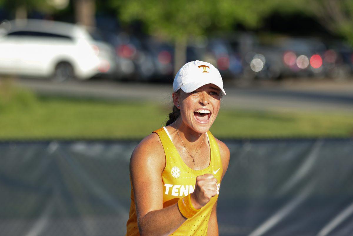 Maeve Thornton shouts after winning a point against Virginia at UVA Tennis Complex. Friday, May 9, 2025.