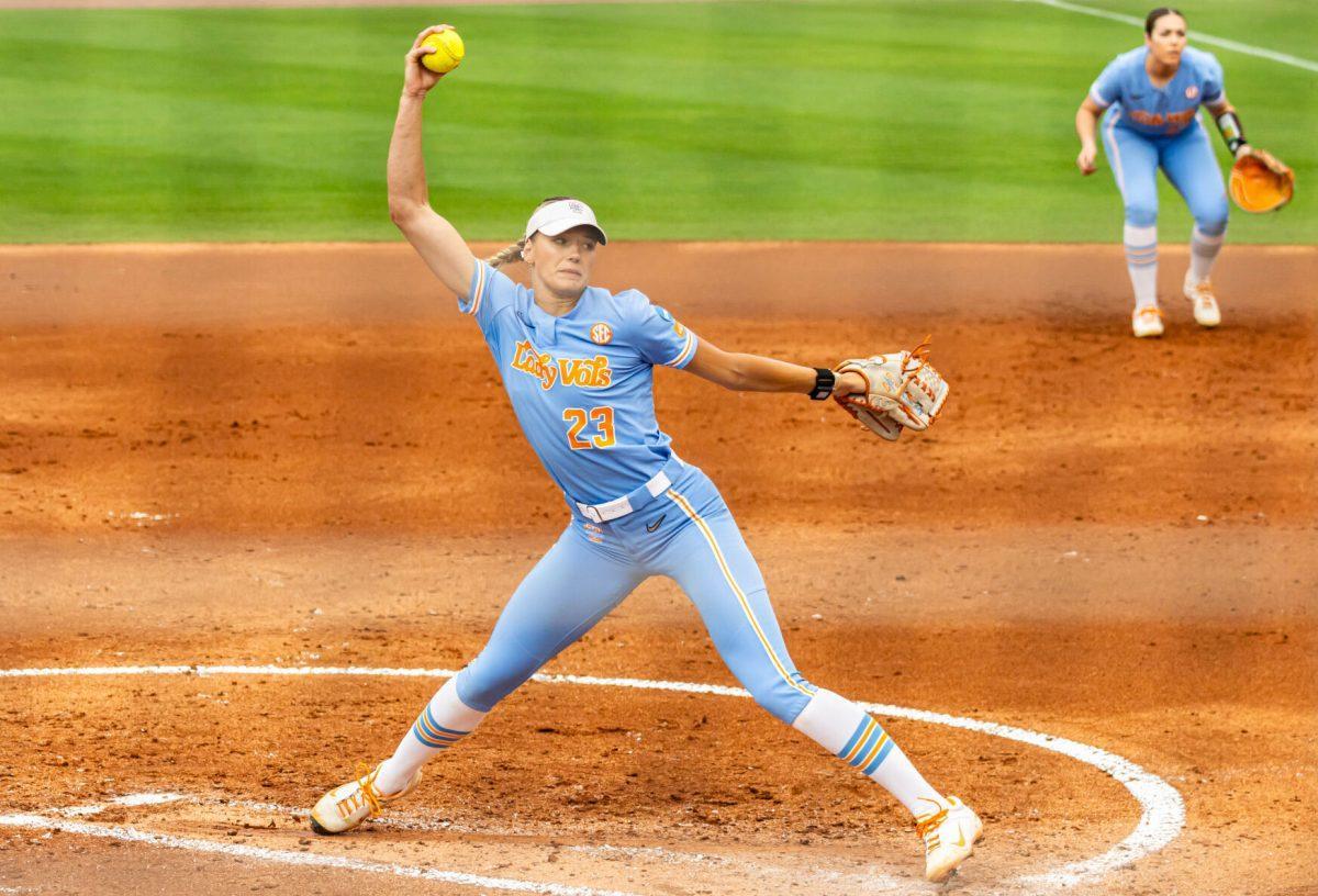 Karlyn Pickens (23) pitches against Nebraska during Super Regionals in Sherri Parker Lee Stadium. Saturday, May 24, 2025.