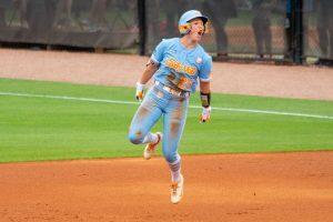 Ella Dodge (25) celebrates a home run during an NCAA Super Regional game against Nebraska at Sherri Parker Lee Stadium. Sunday, May 25, 2025.