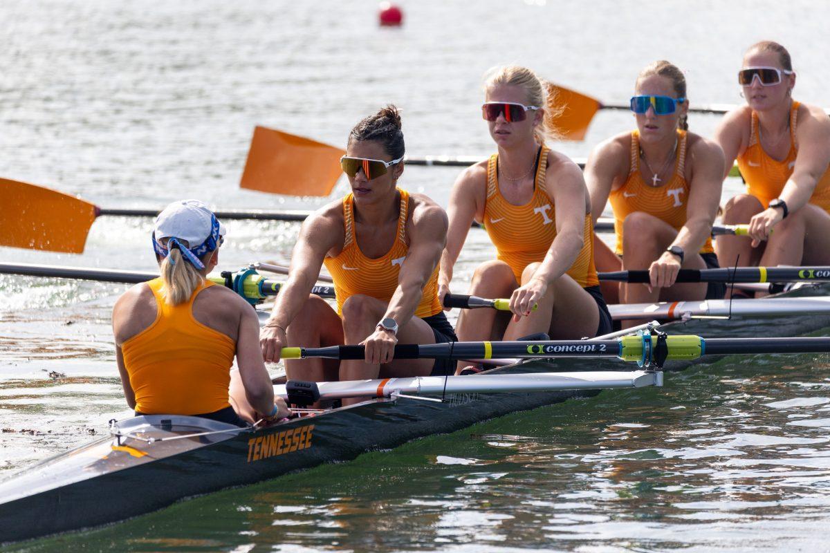 Channing Taner sitting stern seat of the 2V8 boat before the start of the race at the SEC Championship on Melton Hill Lake. Sunday, May 11, 2025. 
