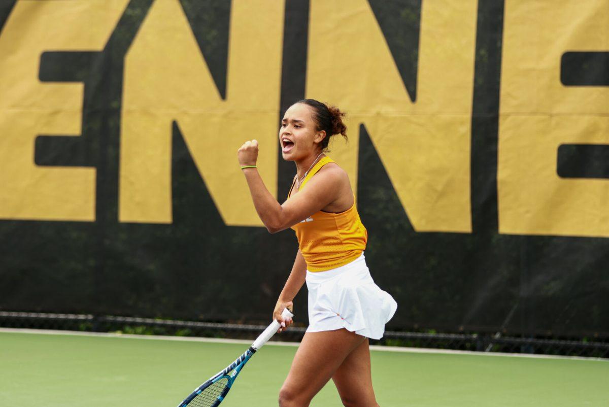 Leyla Benitez Risso pumps her fist and shouts after winning a point against Pepperdine at Barksdale Stadium. Saturday, May 3, 2025