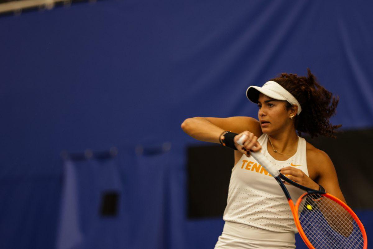 Vanesa Suarez hits a forehand against Elon at Goodfriend Tennis Center. Friday, May 2, 2025