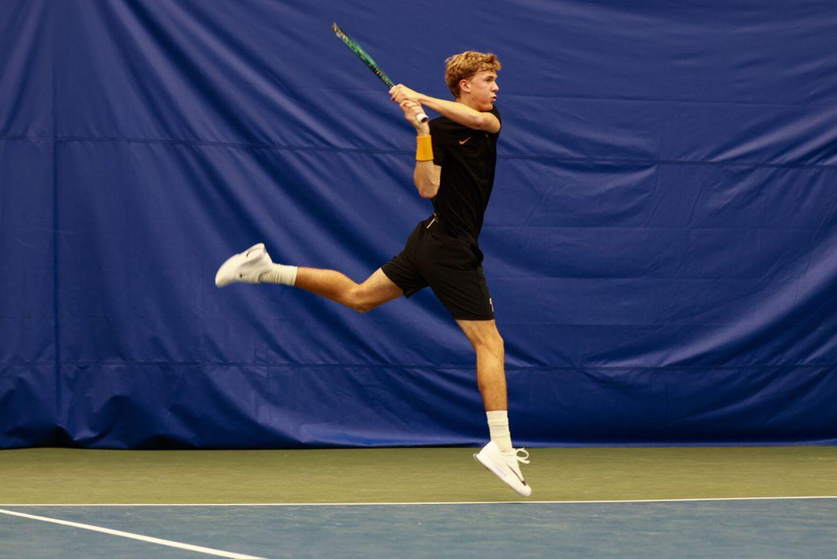 James Newton hits a backhand against Alabama State at Goodfriend Tennis Center. Saturday, May 3, 2025