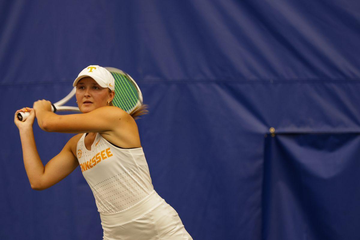 Sarah Yli-Piipari hits a backhand against Elon at Goodfriend Tennis Center. Friday, May 2, 2025