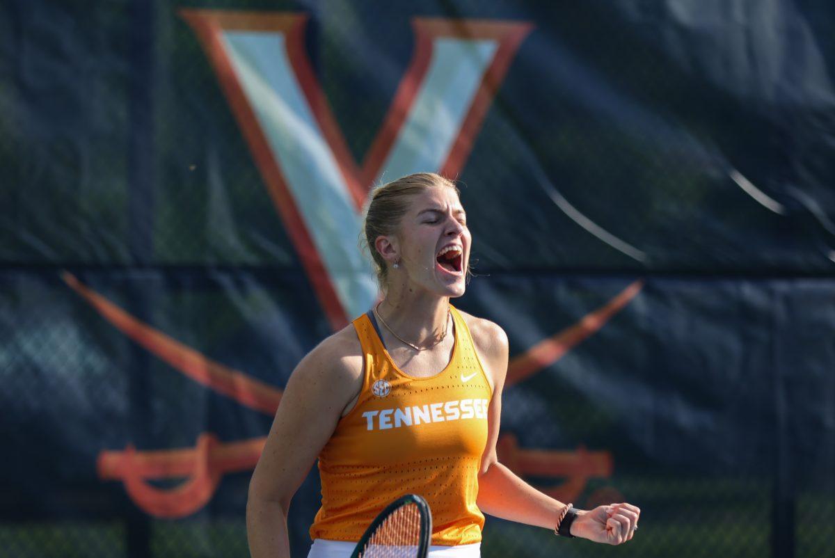 Elza Tomase shouts after winning a point against Virginia at the UVA Tennis Complex. Friday, May 9, 2025.