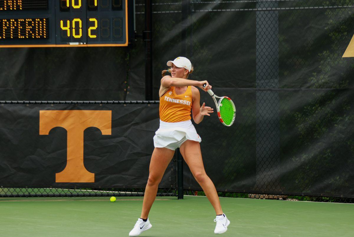 Saray Yli-Piipari hits a forehand against Pepperdine at Barksdale Stadium. Saturday, May 3, 2025