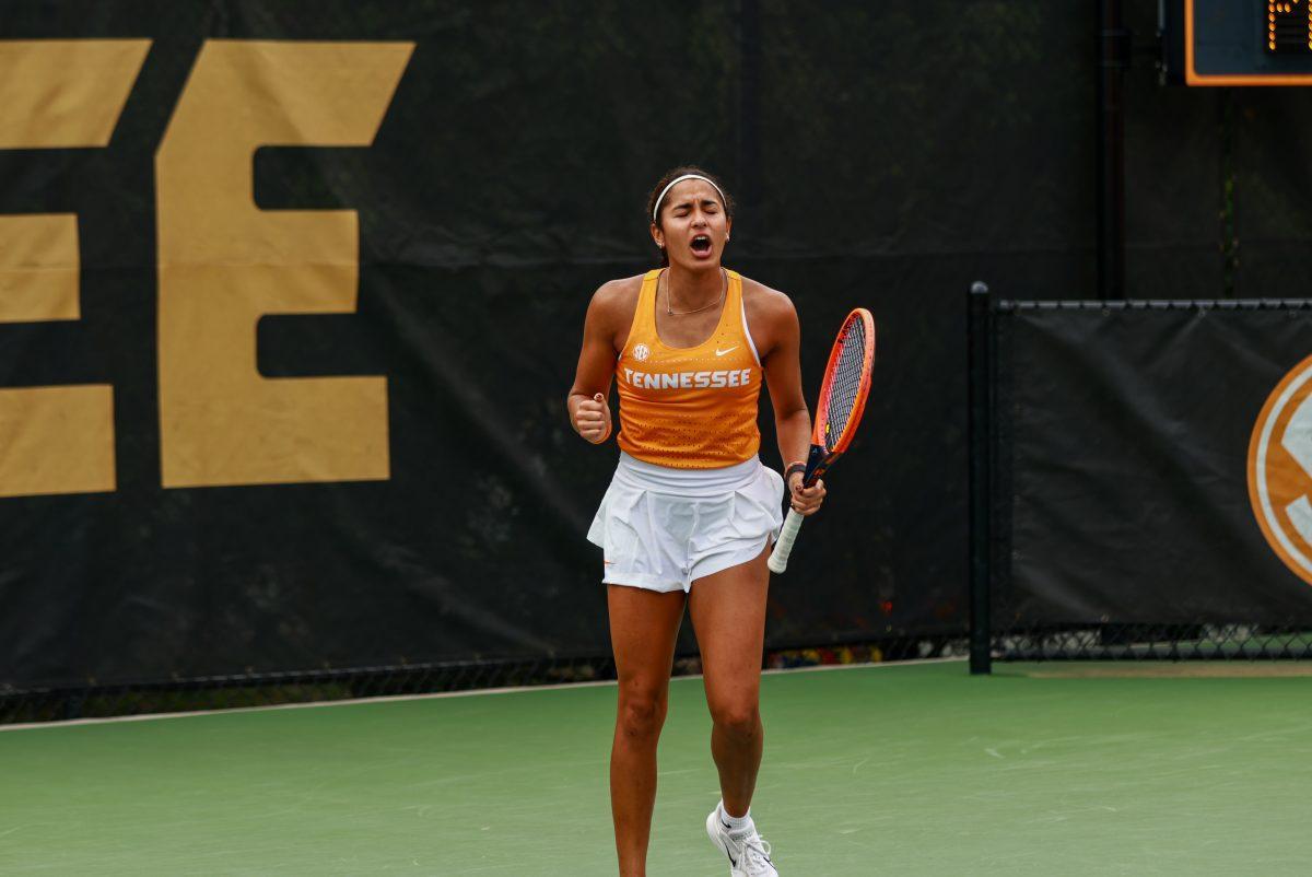 Vanesa Suarez shouts after winning a point against Pepperdine at Barksdale Stadium. Saturday, May 3, 2025