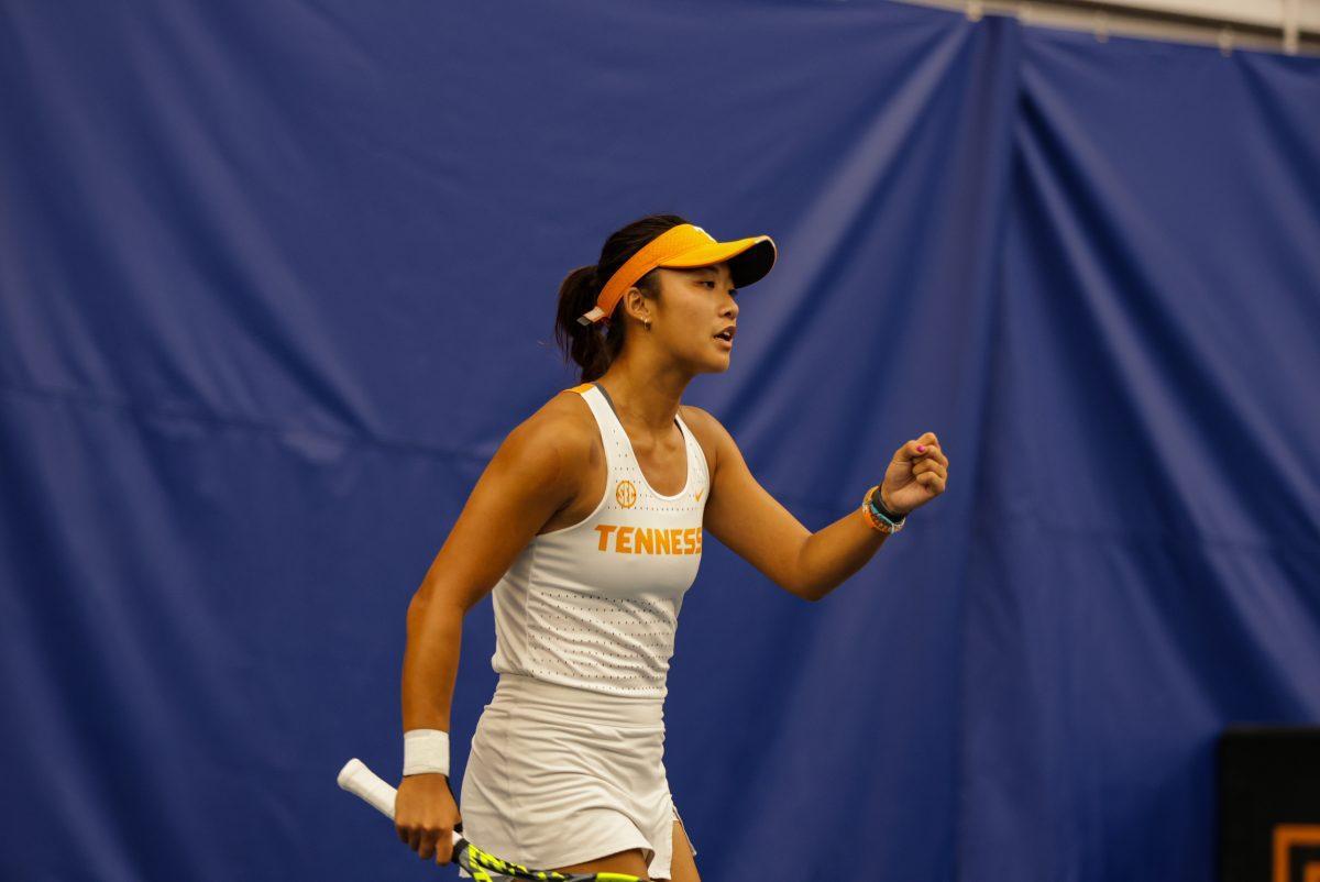 Catherine Aulia pumps her fist after winning a point against Elon at Goodfriend Tennis Center. Friday, May 2, 2025