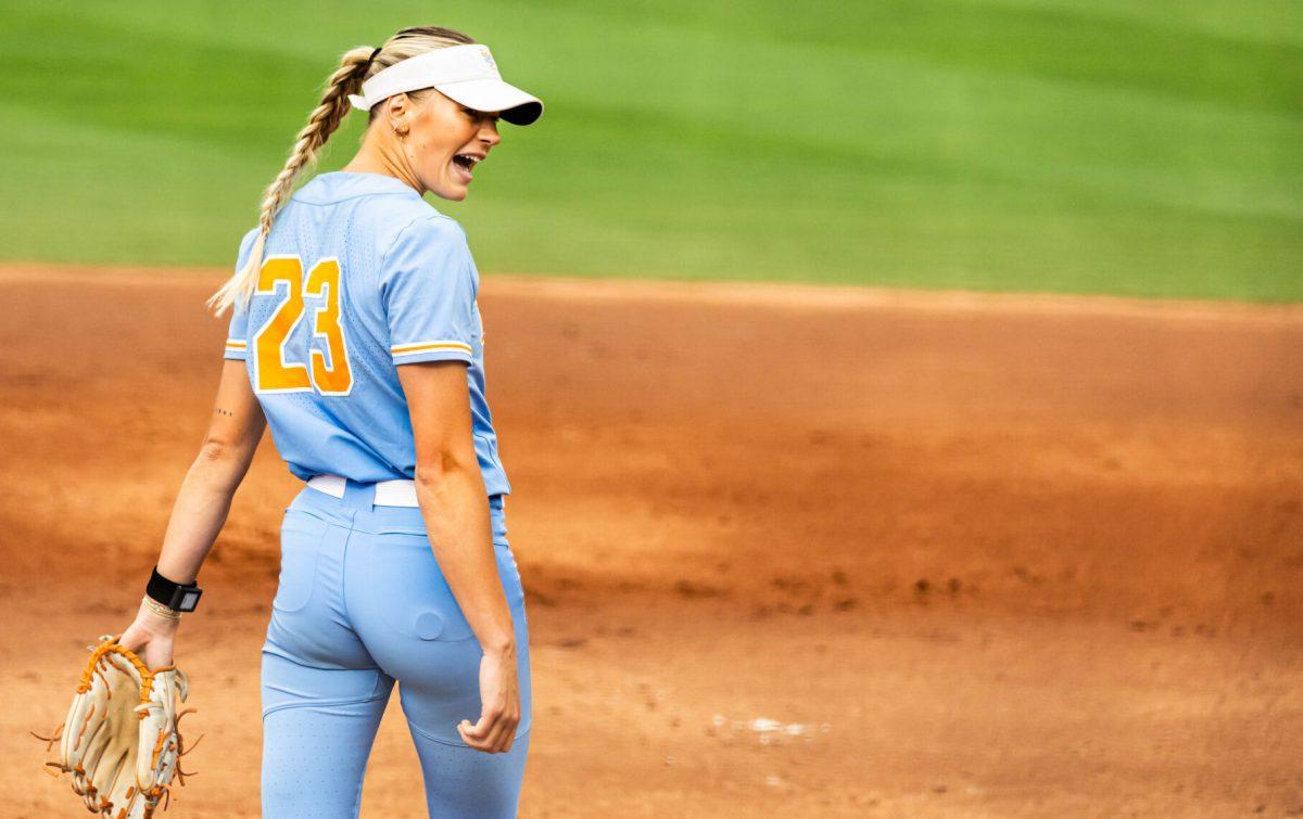 Karlyn Pickens (23) celebrates a strikeout against Nebraska during Super Regionals in Sherri Parker Lee Stadium. Saturday, May 24, 2025.
