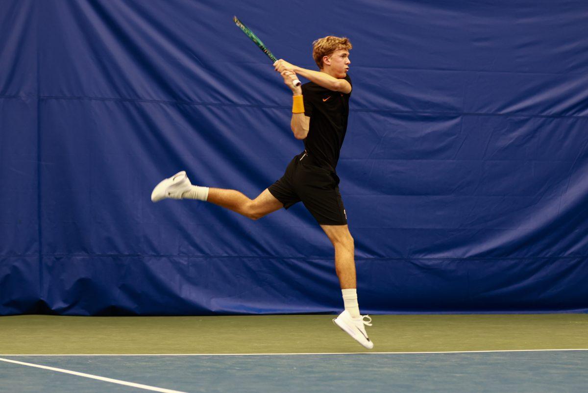 James Newton hits a backhand against Alabama State at Goodfriend Tennis Center. Saturday, May 3, 2025