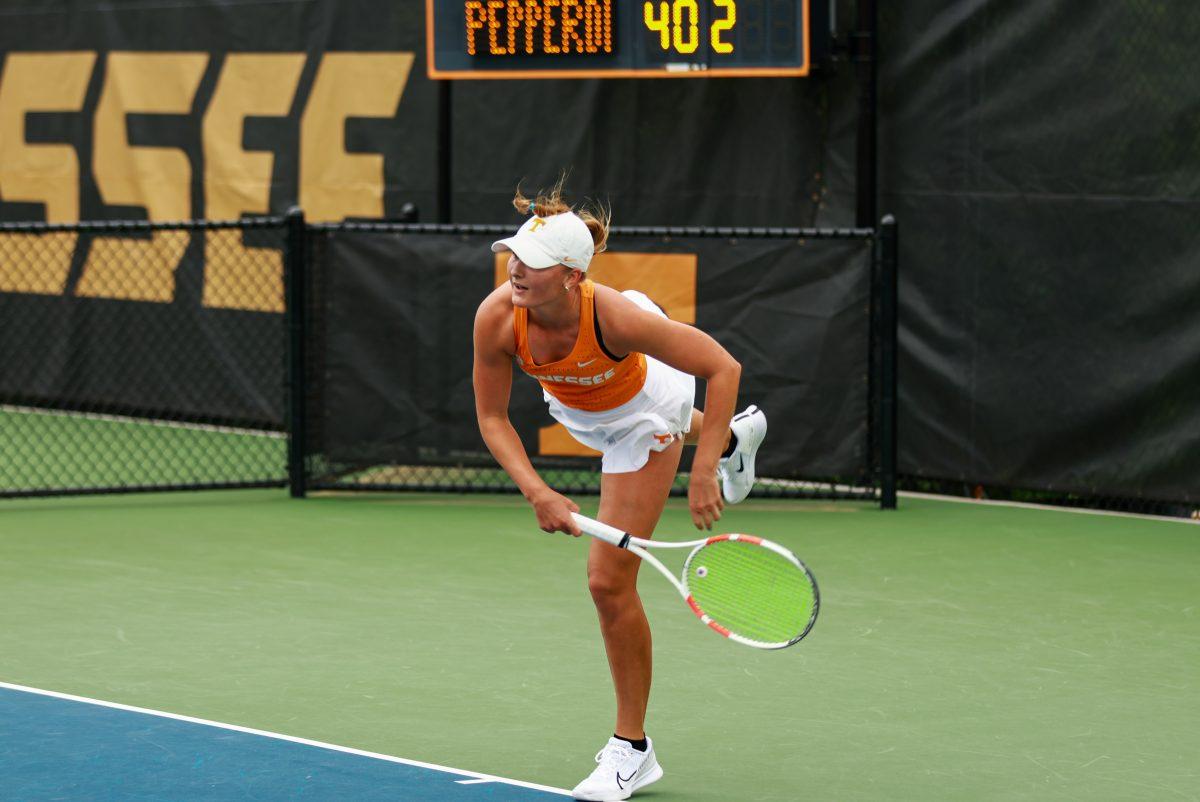 Saray Yli-Piipari serves against Pepperdine at Barksdale Stadium. Saturday, May 3, 2025