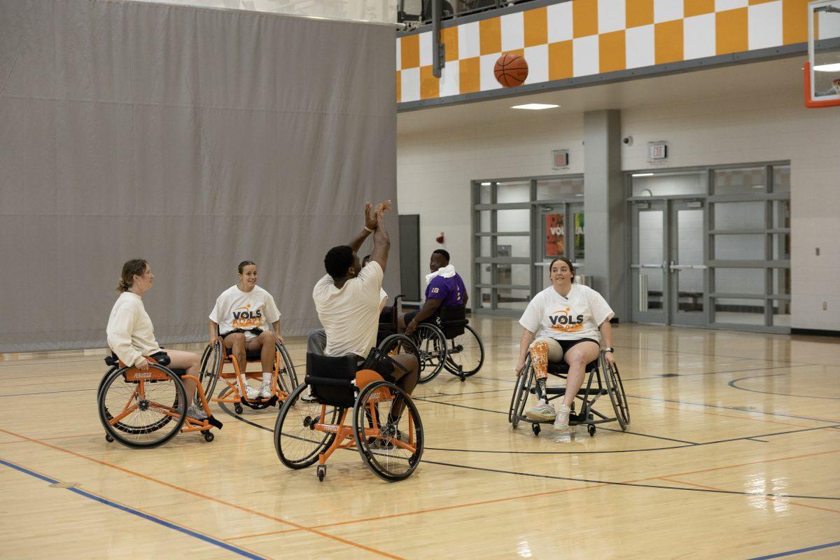 Students playing wheelchair basketball during the Vols Adapt adaptive sports fair at TRECS. Thursday, May 1, 2025.