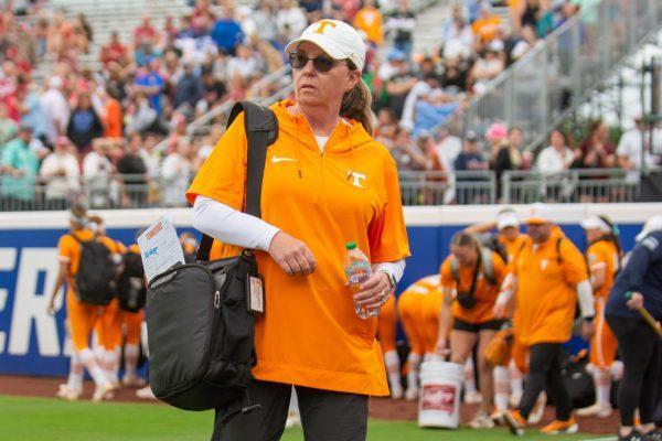 Tennessee softball head coach Karen Weekly prior to an NCAA Women's College World Series game against Oklahoma at Devon Park. Thursday, May 29, 2025.