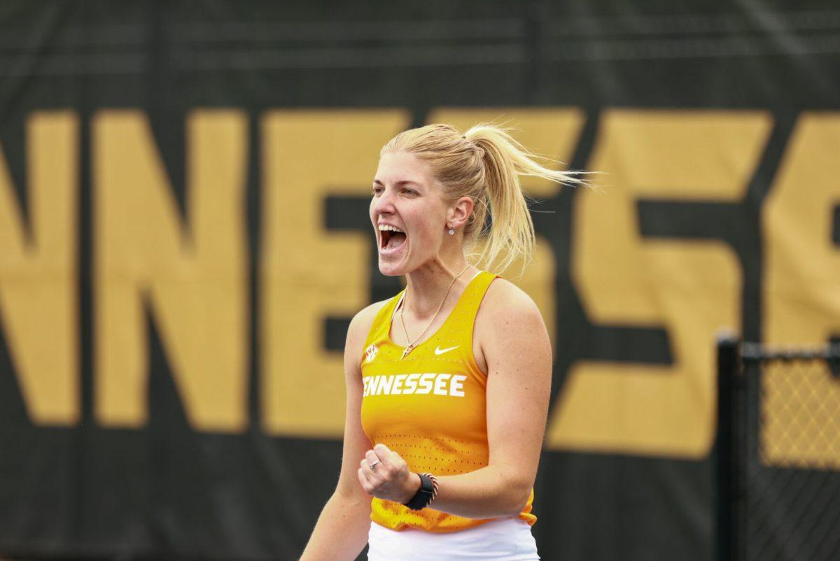 Elza Tomase shouts after winning a point against Pepperdine at Barksdale Stadium. Saturday, May 3, 2025